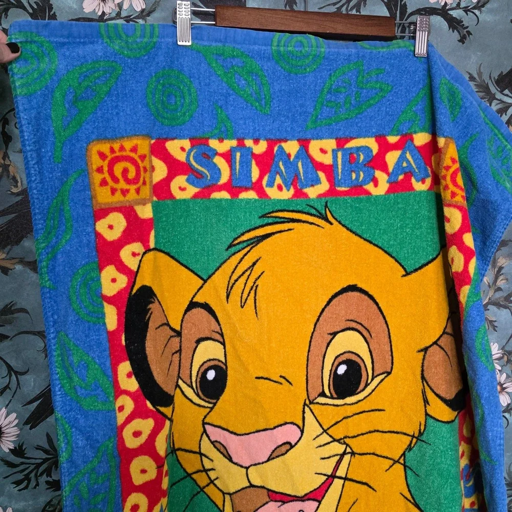 Disney Lion King Beach Towel Simba Vintage 90s Franco Cotton Graphic Blue 57x29